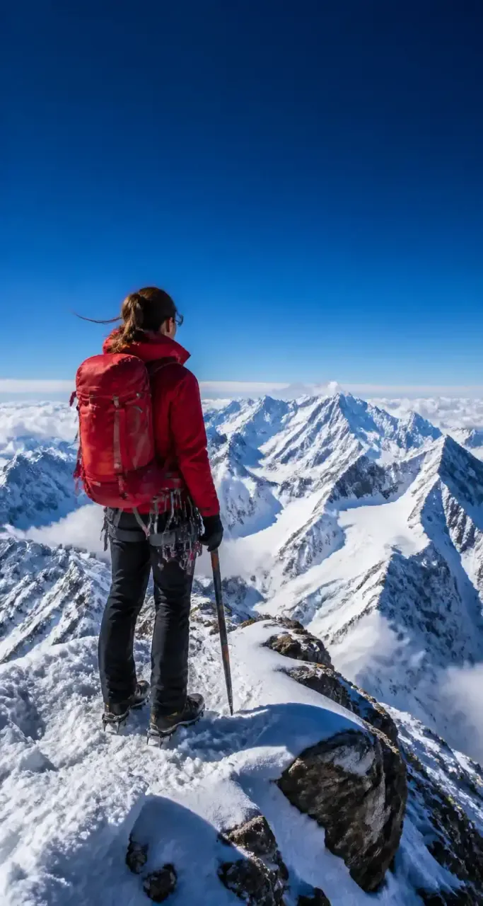 Alpiniste au sommet d'une arête enneigée dans les Alpes