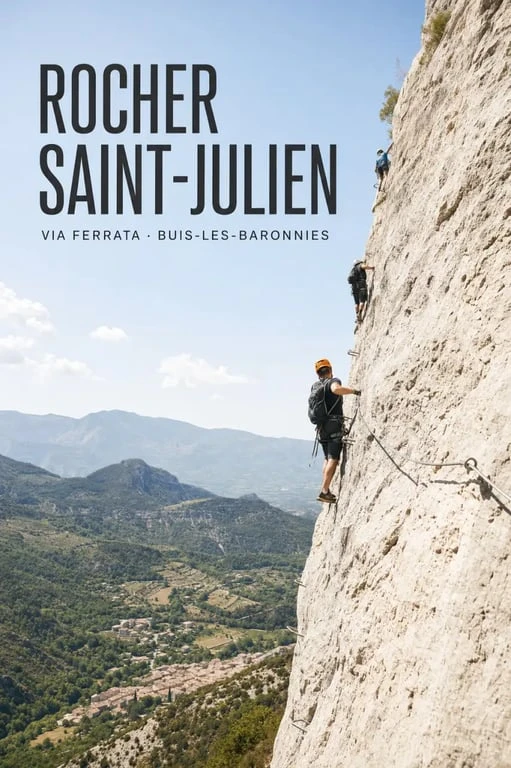 Via ferrata buis les baronnies au rocher Saint-Julien, avec falaises calcaires et pratiquants sur la paroi