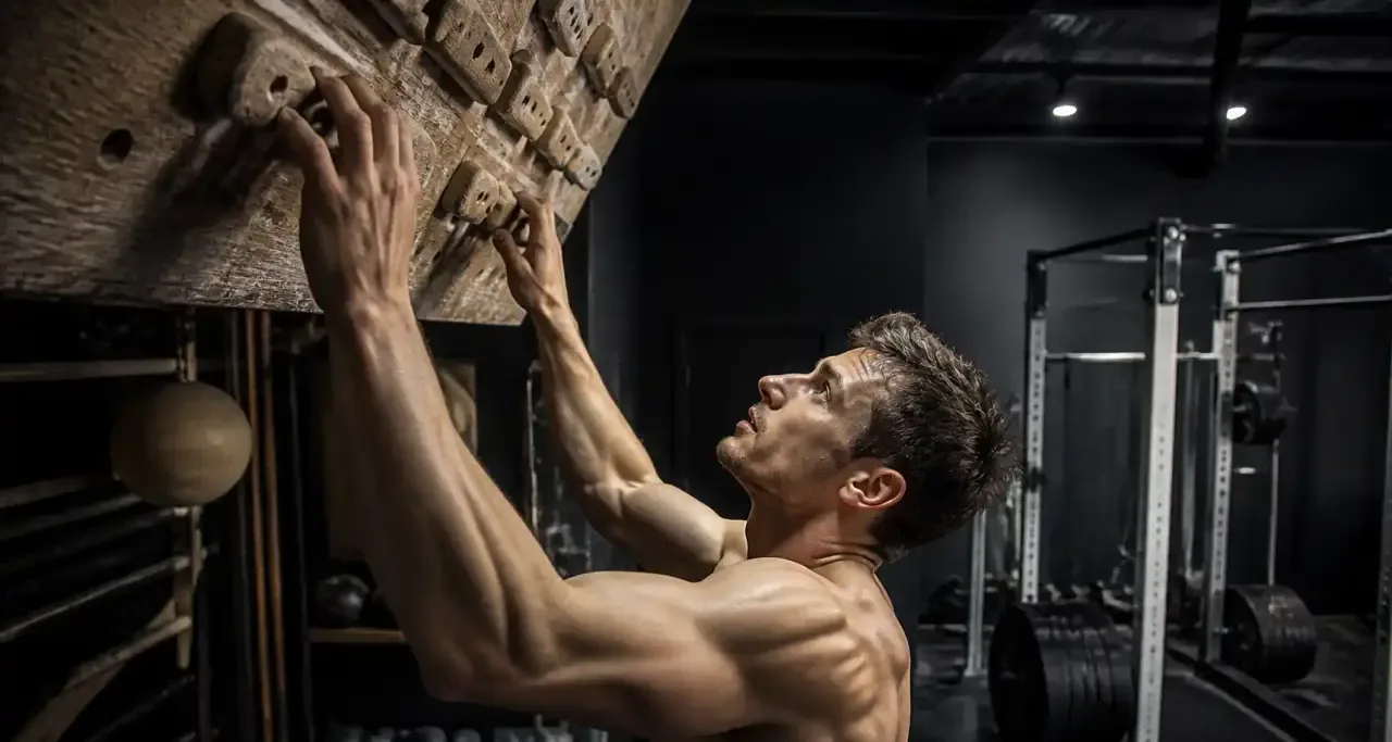 Grimpeur en séance de préparation physique devant son tableau d'entraînement
