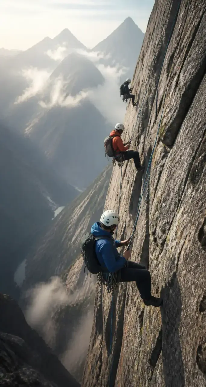 Grimpeurs en rappel sur une paroi de granit en montagne