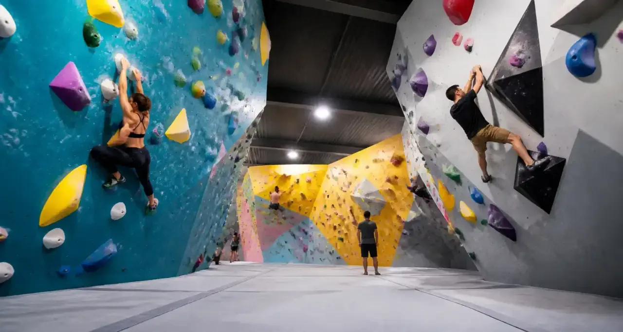Grimpeurs sur un mur de bloc dans une salle d'escalade