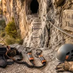 Via ferrata du Thaurac : baudrier sur roche calcaire, câbles près d’un tunnel et gorges de l’Hérault