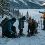 Activités à la montagne : famille en raquettes sur neige