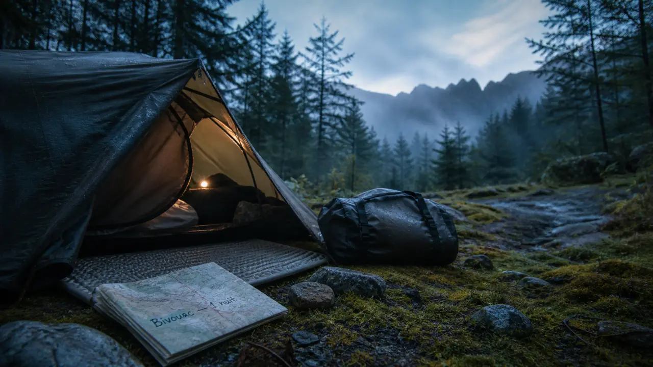 Bivouac randonnée : tente en pleine forêt, sol sans trace