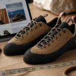 Chaussons escalade millet sur table, mètre ruban et détails
