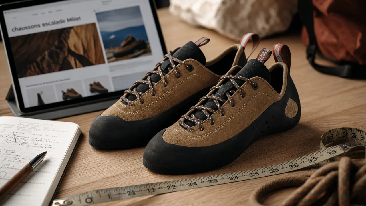 Chaussons escalade millet sur table, mètre ruban et détails