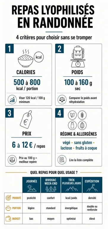 Repas lyophilise randonnee : infographie comparative des calories, du poids, du prix et des usages outdoor