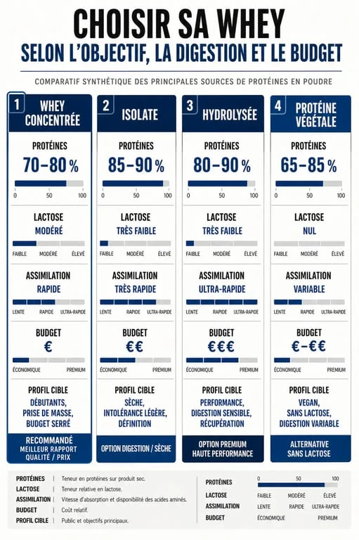 Infographie pour quel whey choisir selon l’objectif, la digestion et le budget