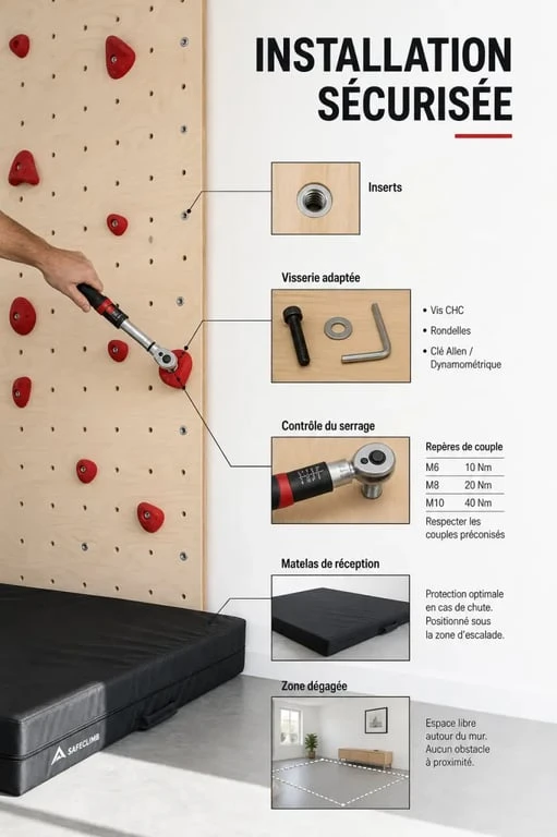 Pose sécurisée d’une escalade prise avec visserie, inserts et matelas de réception