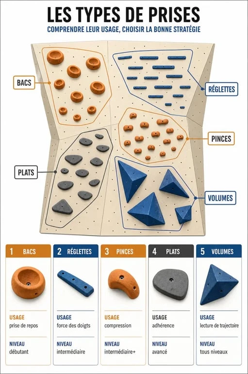 Comparatif visuel de l’escalade prise selon la forme, l’usage et le niveau sur un mur d’entraînement