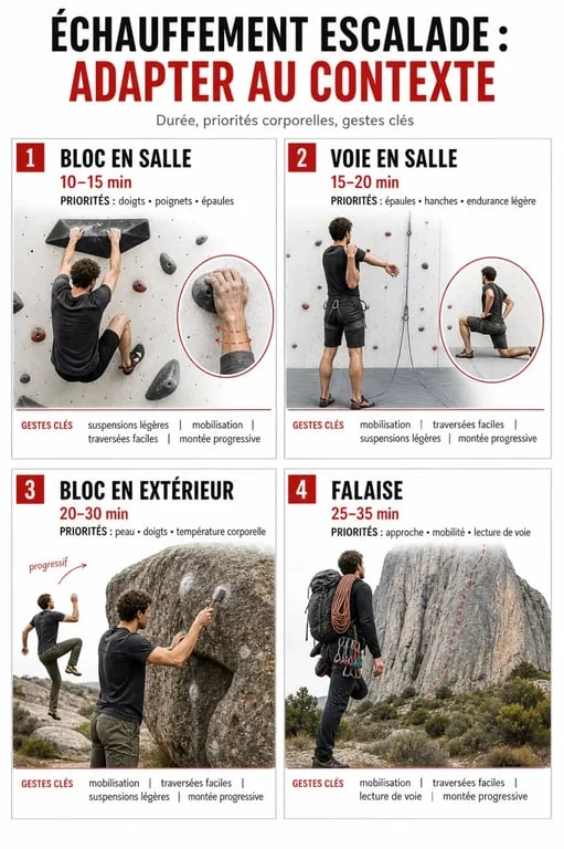 Comparatif des routines d'échauffement escalade selon le bloc, la voie, la salle ou la falaise