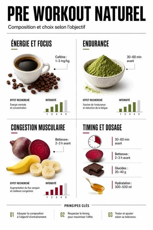 Pre workout naturel : visuel éditorial sur les ingrédients, le timing et les effets avant l’entraînement