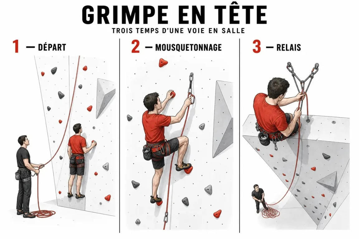 Grimper en tête : illustration séquentielle du départ, du mousquetonnage et du relais