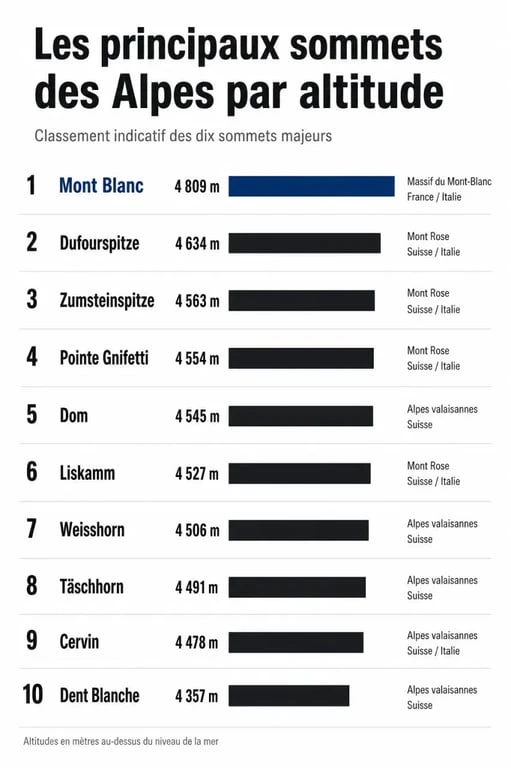 Alpes sommets : infographie des principaux sommets alpins classés par altitude, avec le mont Blanc et les grands 4000
