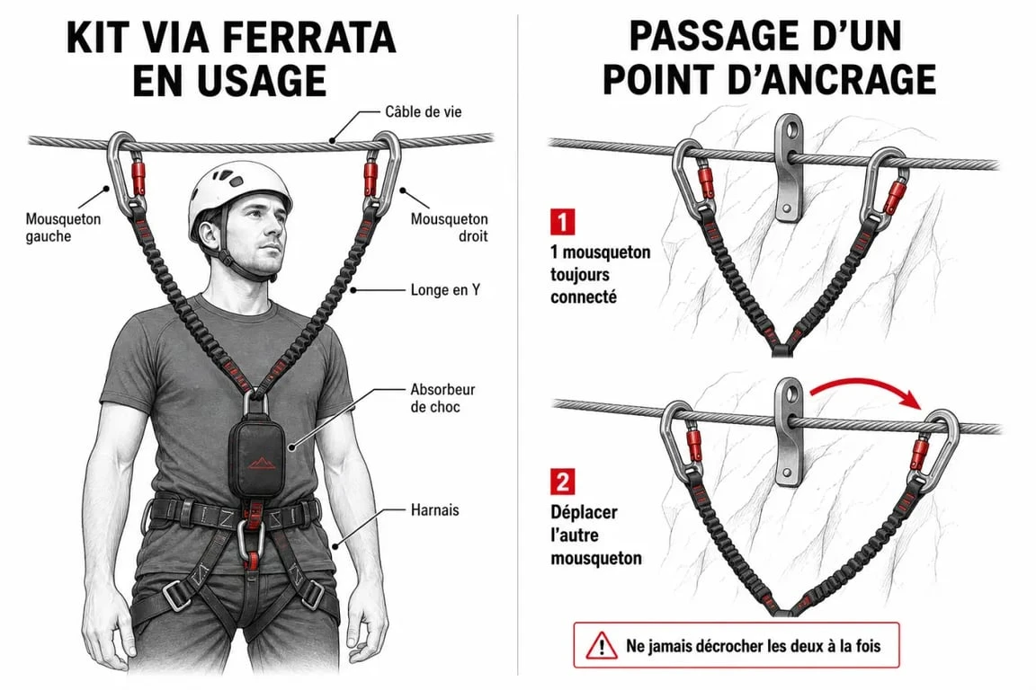 Kit via ferrata : schéma de la longe en Y, des mousquetons et de l’absorbeur de choc