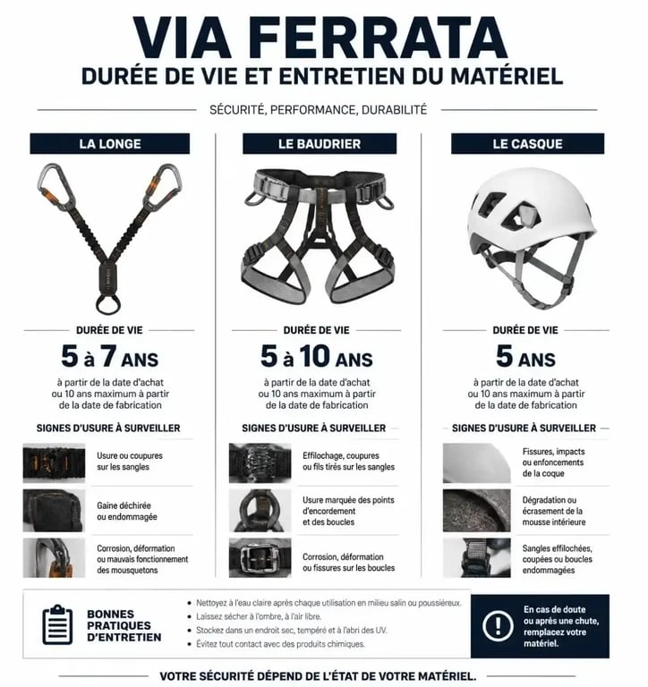 Infographie sur la durée de vie et l'entretien du matériel de via ferrata