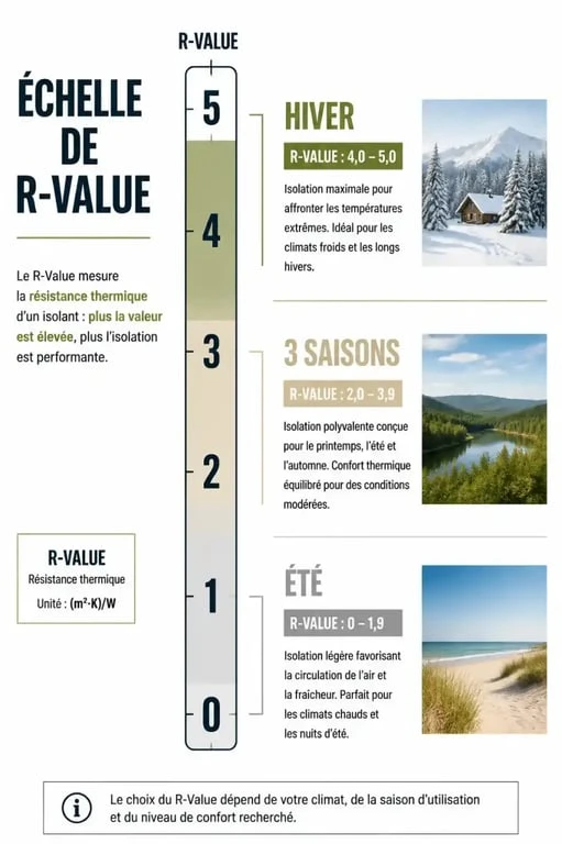 Infographie comparative des R-Value pour le matériel de bivouac