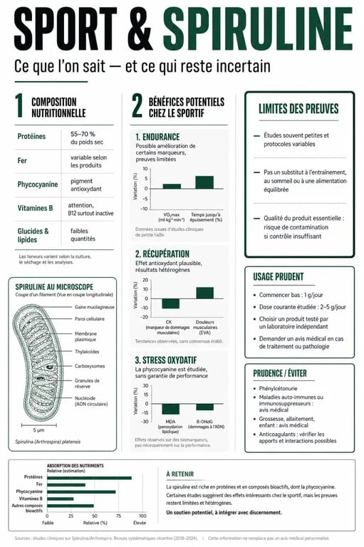 Infographie sport et spiruline montrant les bénéfices, le dosage et les contre-indications