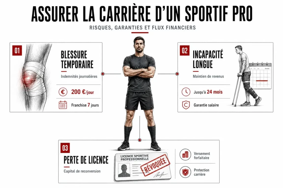 Assurance sportif professionnel : schéma éditorial des garanties contre la blessure, l’incapacité et la perte de licence