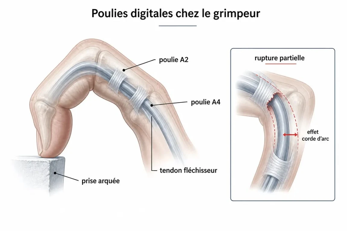 Poulie doigt escalade : schéma des poulies A2 et A4 et de l’effet corde d’arc