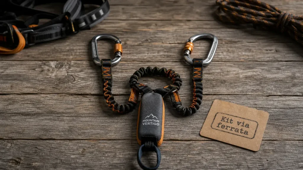 Kit via ferrata : deux mousquetons, une longe en Y et l’erreur à éviter aux ancrages