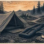 Materiel bivouac : tente ultralégère en montagne, matelas et sac de couchage