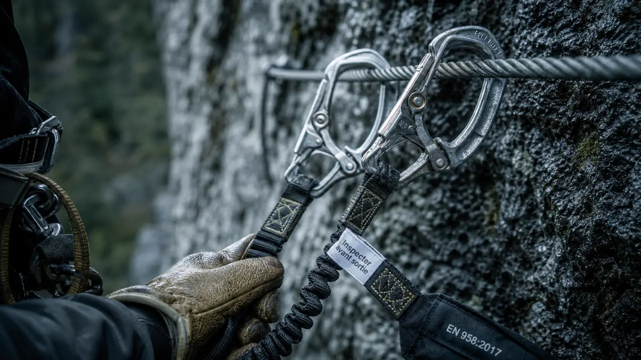 Materiel via ferrata : longe EN 958 et mousquetons sur câble acier