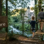 Parc aventure haute loire canopy en forêt : enfant sur passerelle en bois suspendue