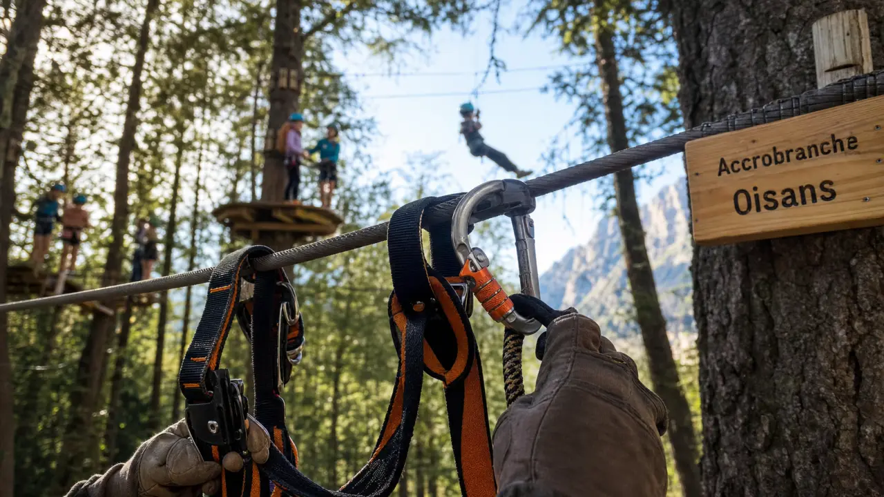 Parc aventure Oisans : ligne de vie continue et tyrolienne, harnais sur câble