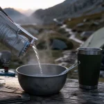 repas lyophilise randonnee sur table de camping, versement d’eau chaude