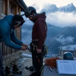 Stage alpinisme chamonix : guide règle le baudrier, neige et corde