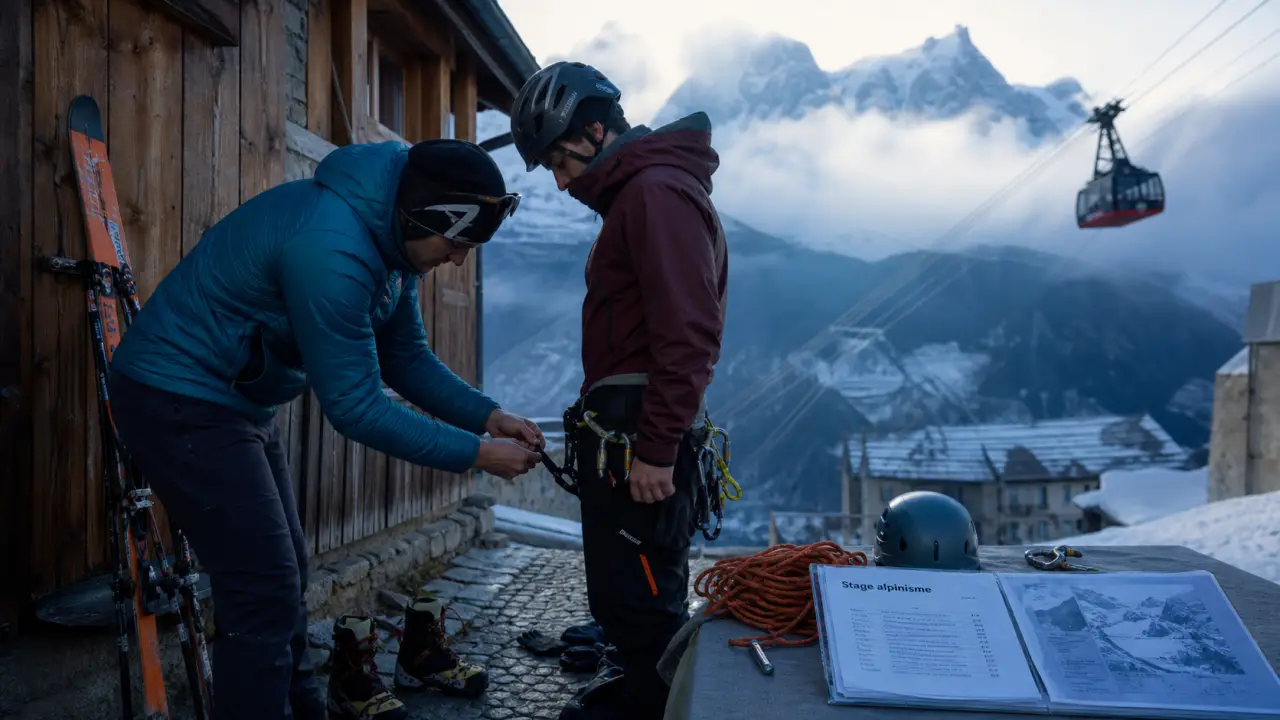 Stage alpinisme chamonix : guide règle le baudrier, neige et corde