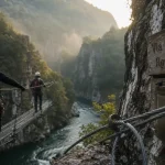 Via ferrata de Rousses : passerelle métallique au-dessus du Tarnon