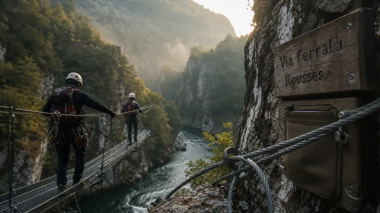 Via ferrata de Rousses : passerelle métallique au-dessus du Tarnon