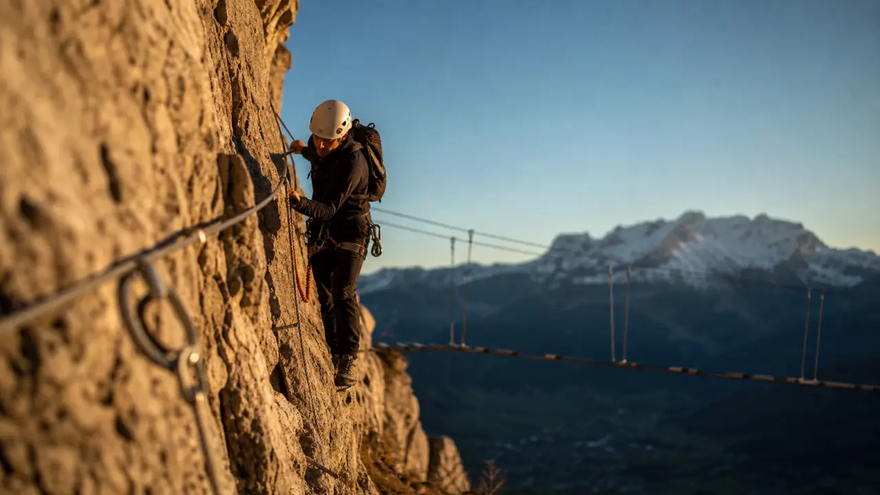Via ferrata yves pollet villard : ferratiste, câbles et passerelle sur la falaise de Borderan