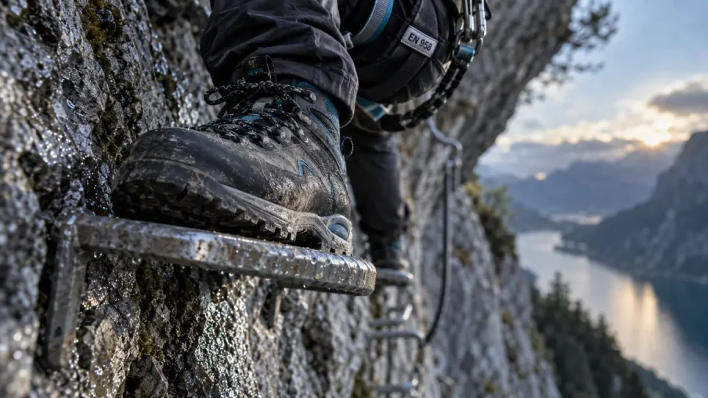 Chaussure de via ferrata : privilégiez une semelle ferme et un talon bien maintenu