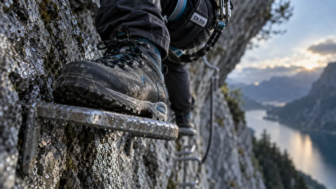 Chaussure via ferrata à semelle ferme et talon bien maintenu sur échelon métallique