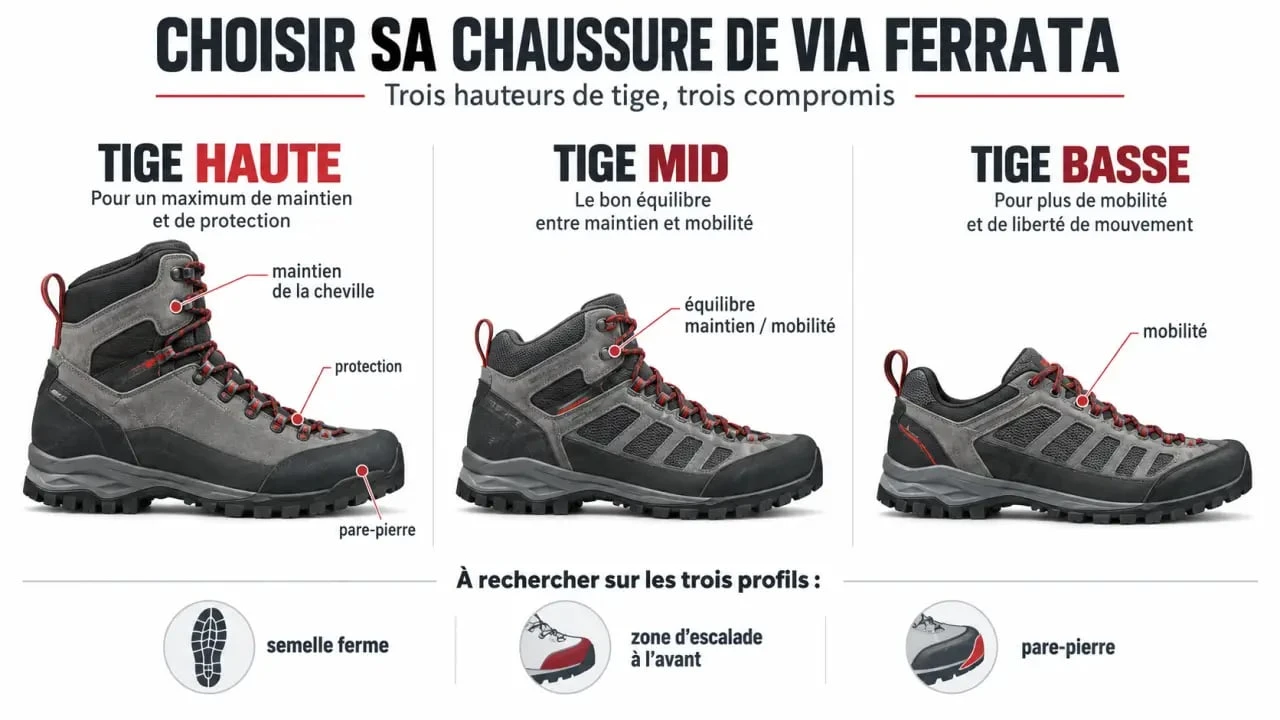 Infographie comparative pour choisir une chaussure via ferrata selon la tige, l'adhérence et le maintien