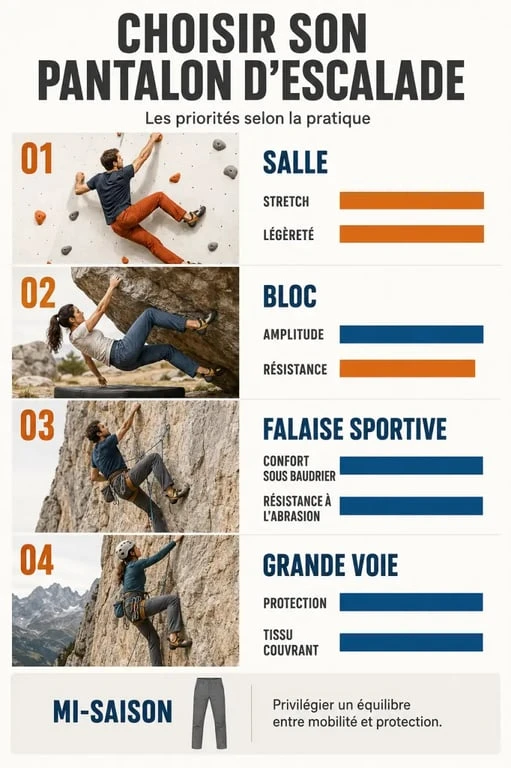 Infographie pour choisir un pantalon escalade selon la salle, le bloc ou la falaise