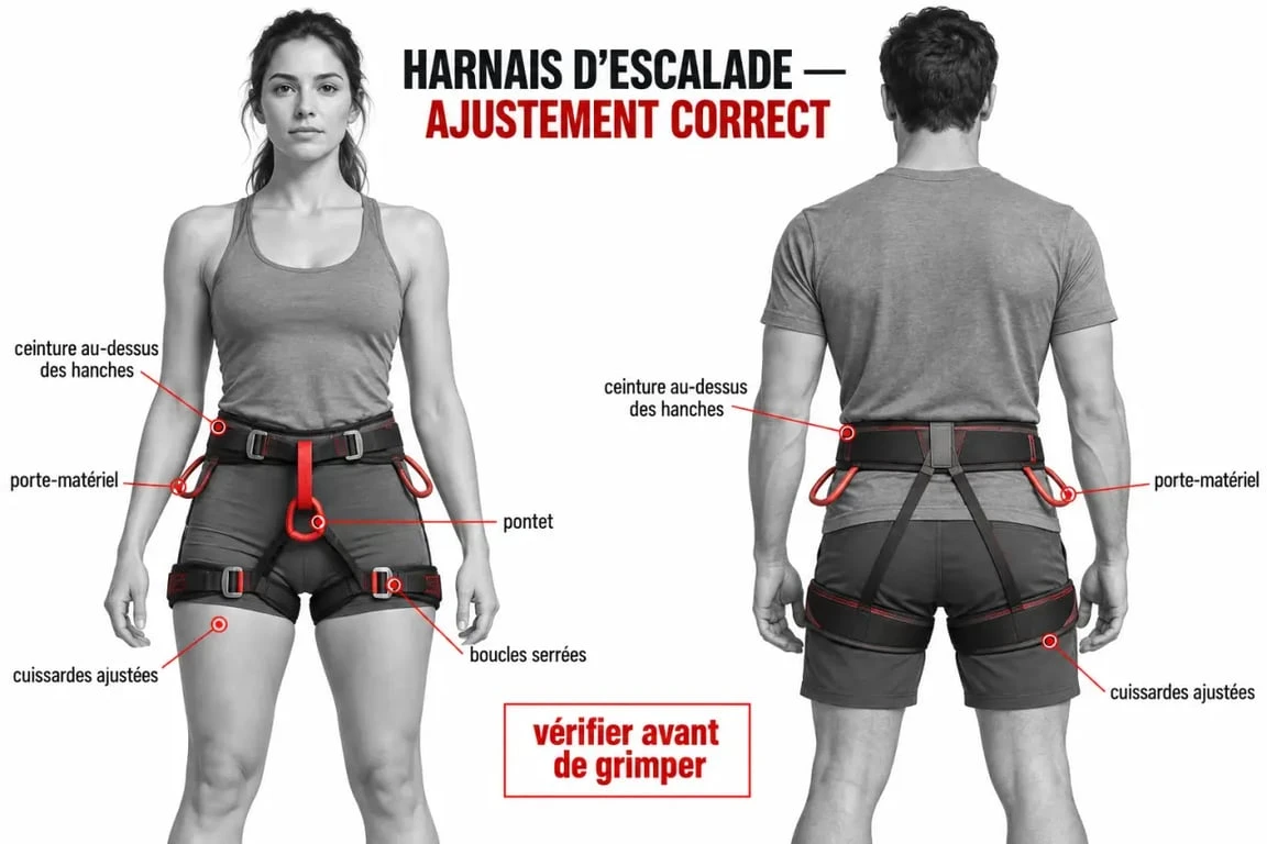 Schéma du réglage correct d’un harnais d’escalade avec ceinture, cuissardes et pontet