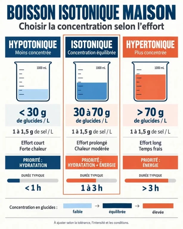 Infographie sur le dosage d'une boisson isotonique maison selon l'effort et la chaleur
