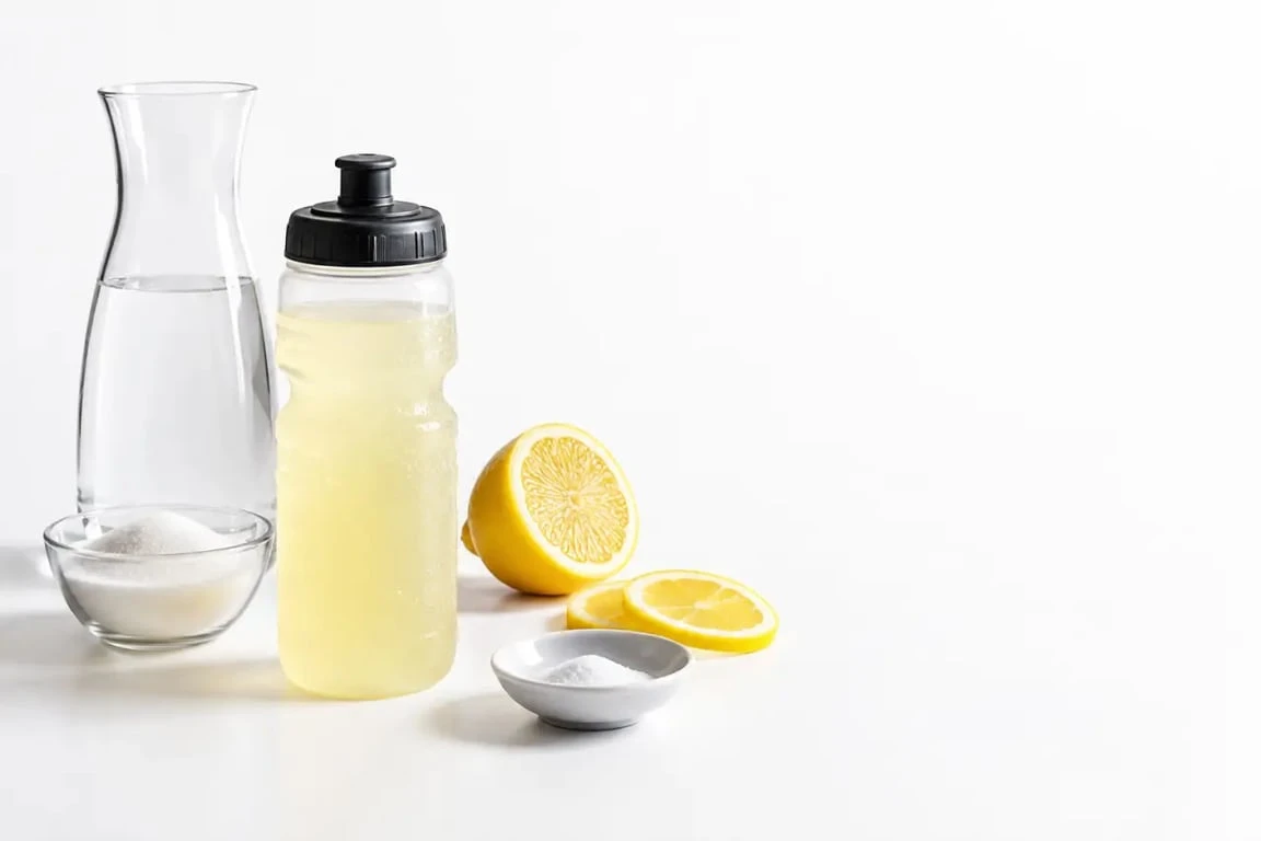 Boisson isotonique maison au citron préparée avec eau, sucre et sel