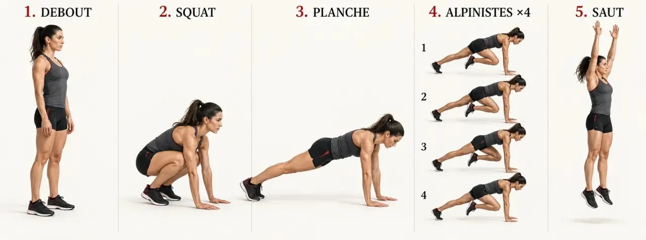 Illustration des étapes du burpee d’alpiniste, du squat au saut final