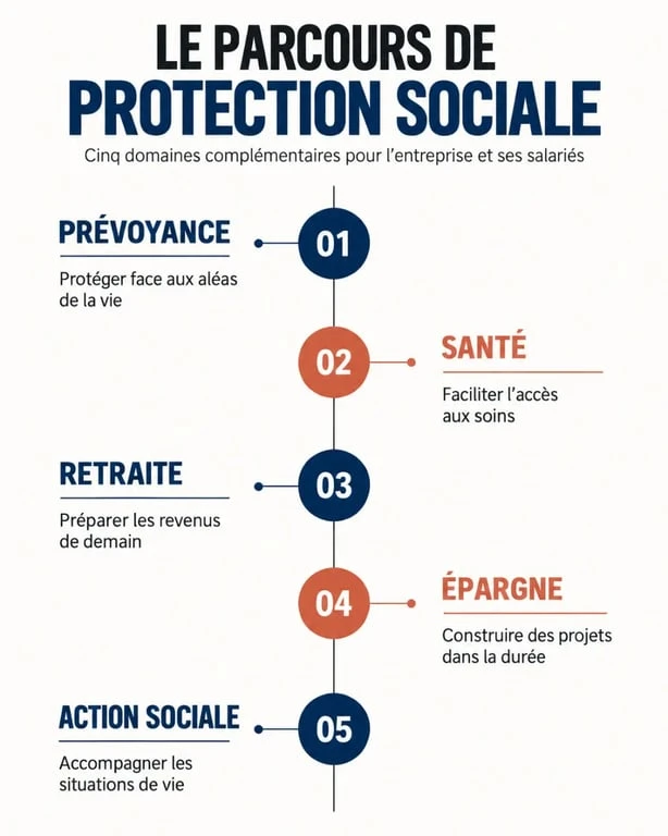 Infographie Sherpa assurance sur les cinq domaines de protection sociale
