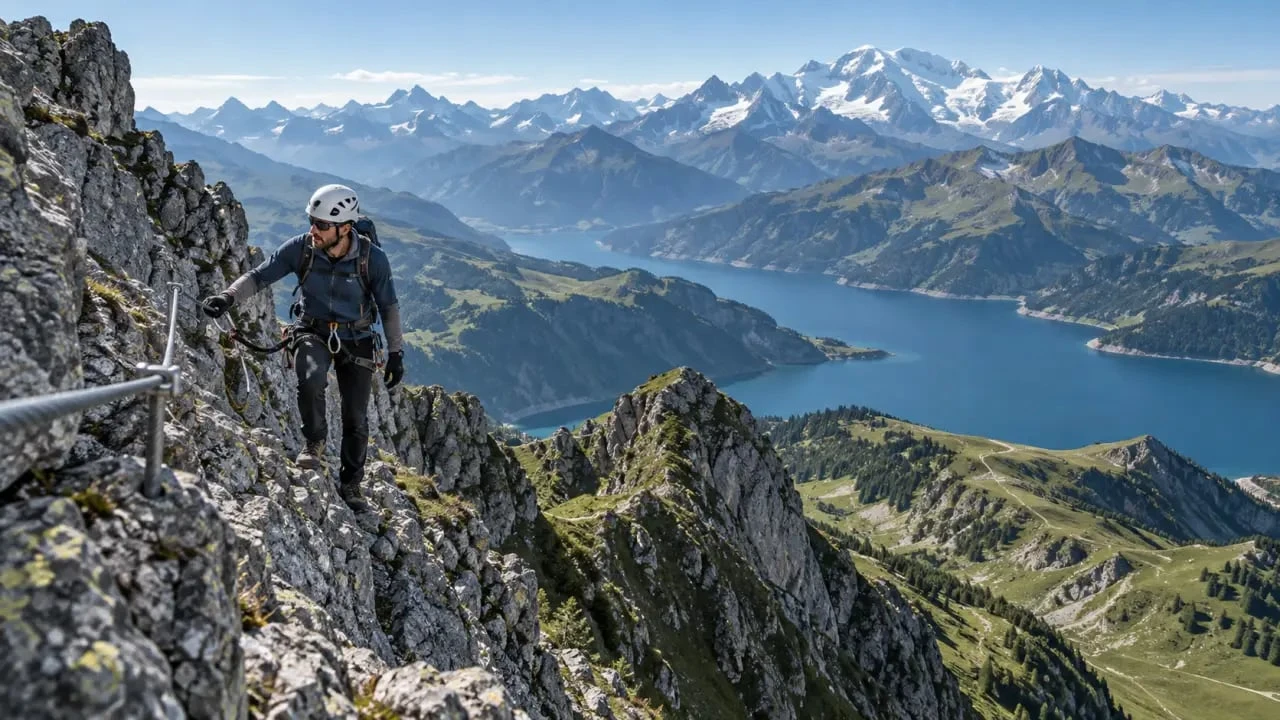 Vue panoramique de la via ferrata du Roc du Vent au-dessus du lac de Roselend