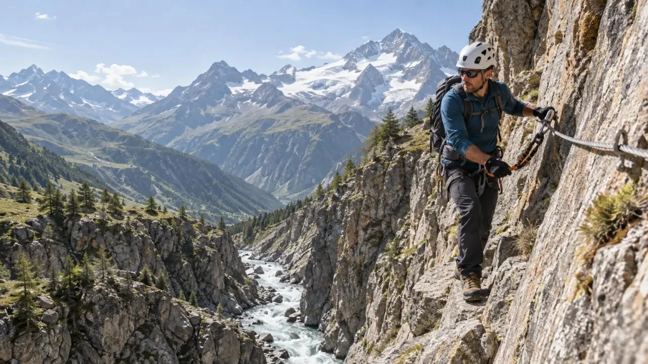 Via ferrata Oisans sur une paroi alpine au-dessus d’un torrent