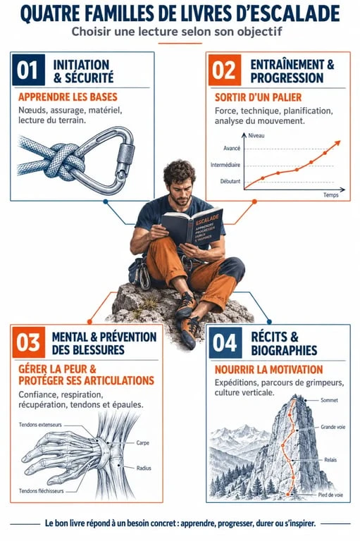Livre escalade : infographie des quatre types d'ouvrages selon l'objectif du grimpeur