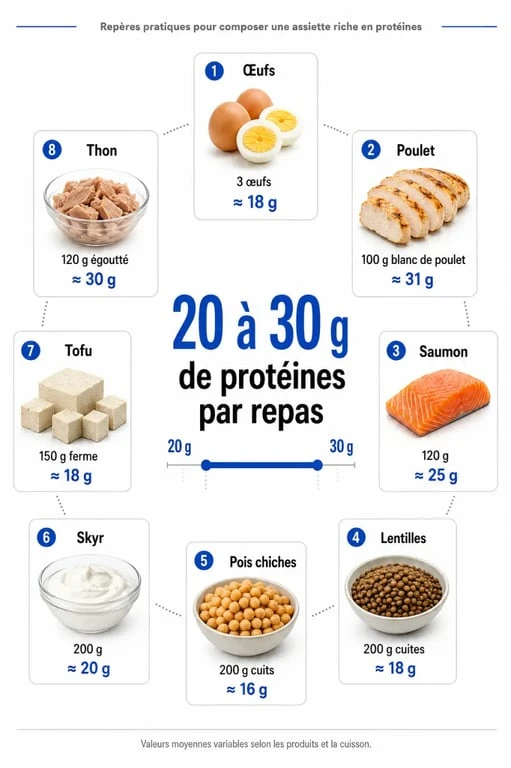 Proteine repas : repères de 20 à 30 g par repas et principales sources par portion