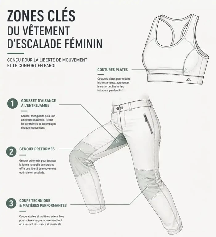 Schéma technique des caractéristiques d'une tenue escalade femme performante