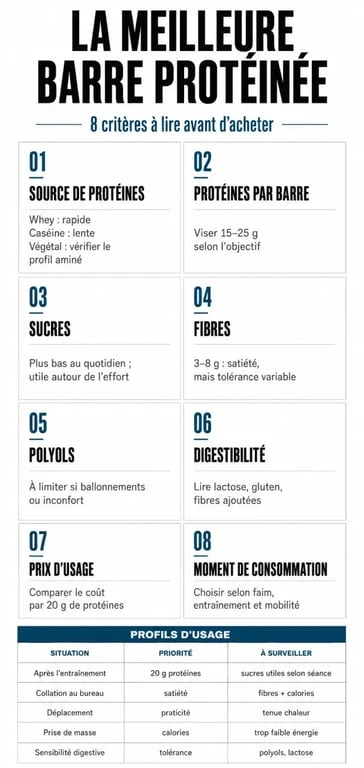 Infographie sur la meilleure barre proteinee avec critères de choix, digestibilité, sucres et usage